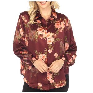 Johnny Was Button-Up Roll Sleeve Shirt Size-L 100% Silk Floral Multi